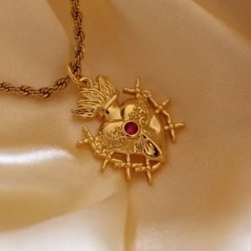 Collana Cuore Sacro Placcato Oro 18k - Cuore Ex Voto Fiammeggiante Vergine Maria