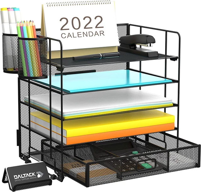 5 Tier Desktop Organizer with Drawer and 2 Pen Holders, Mesh Desk File Oragnizer