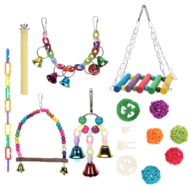 15Pcs Papageien Kauen Barsch Spielzeug Set Vogel Biss Käfig Hängematte Swing Obm