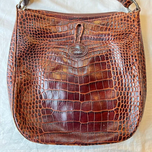 Longchamp Roseau Shoulder Bag Leather Croc Embossed Brown Made in France 2