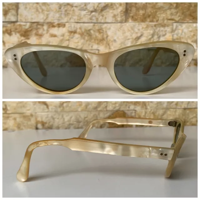 Vintage Cat Eye Sunglasses White Mother Of Pearl Acetate Unused 1950'S France