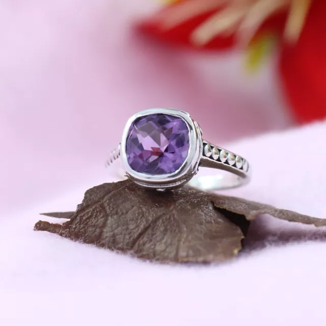 Wunderschöner karierter Schnitt Amethyst Silber Damen Geschenkring handgefertigter Schmuck für sie