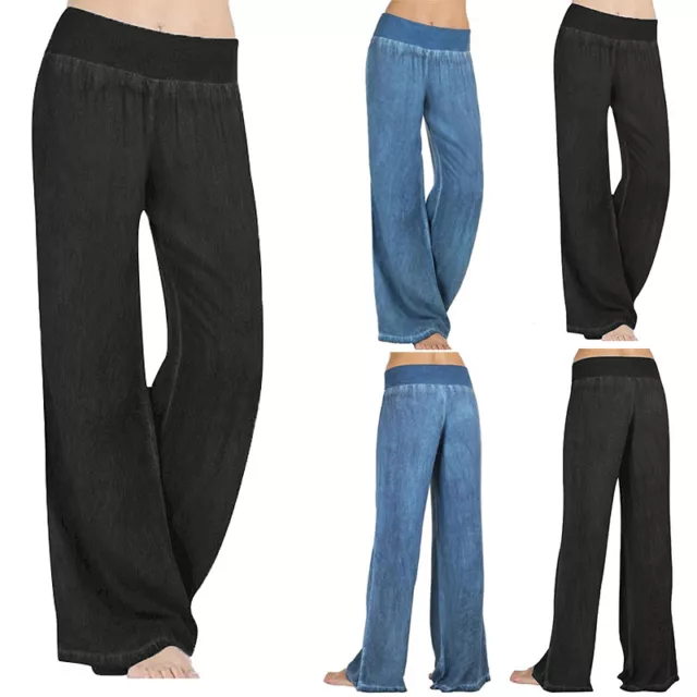 Womens Elastic Waist Casual Jeans Wide Leg Loose Denim Pants Straight Trousers