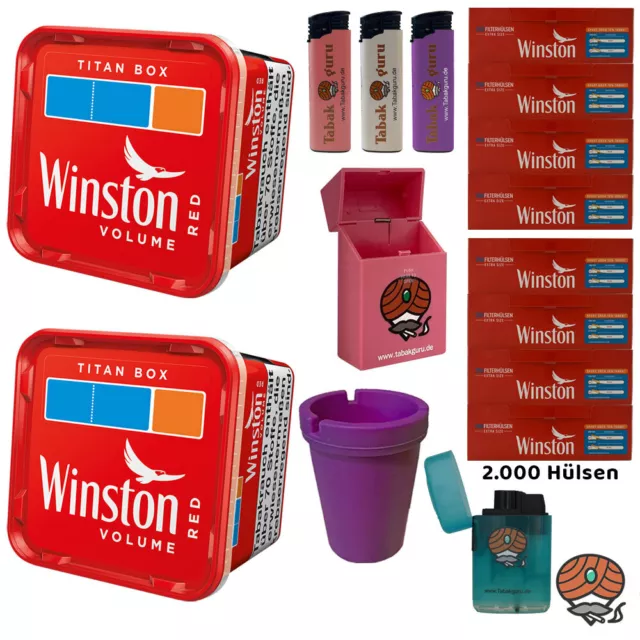 Winston Red/Rot Tabak Titan Box 2x 300g, Extra Hülsen, Feuerzeuge, Ascher, Box