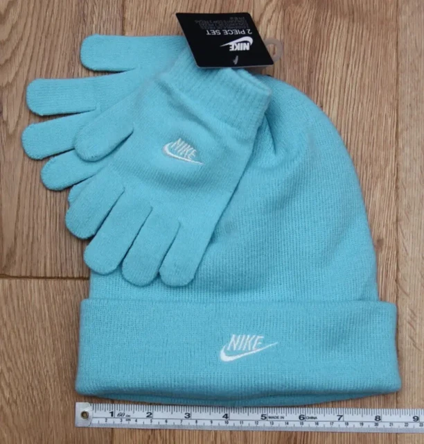 Nike Kids Girl Pom Beanie Hat & Gloves Set ~ Aqua & White ~