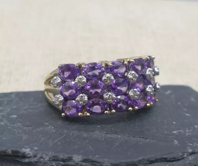 9ct Yellow Gold Amethyst & Diamond Ring 9K Natural Stones Dress UK N 1/2 4g