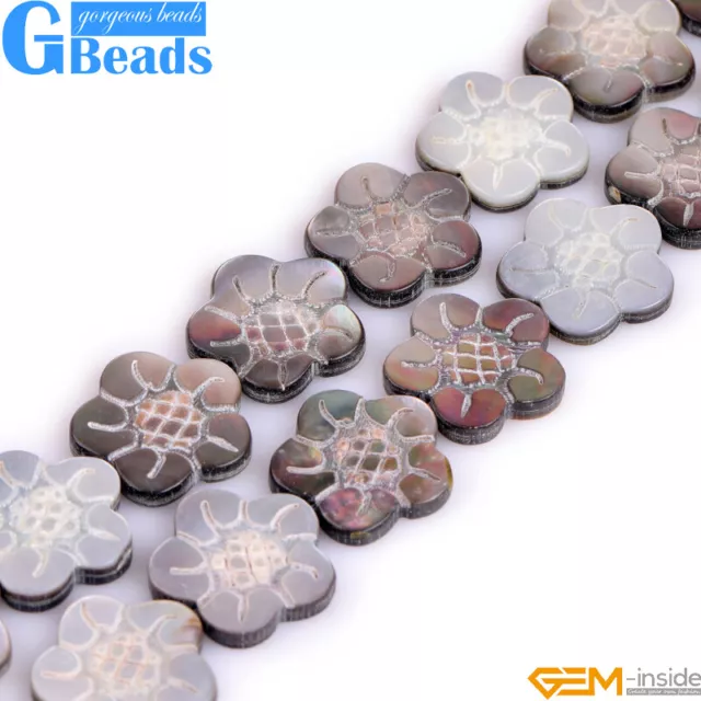 Natural Rainbow Luster Black Lip Shell Double Sides Carved Flower Beads 15"