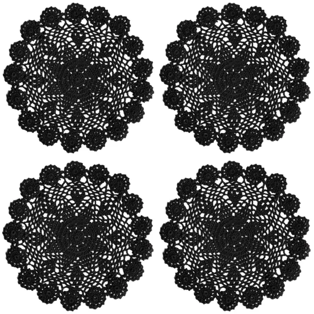 12 Inch Lace Cotton Doilies Crochet Handmade Table Placemats, Black, Pack of 4