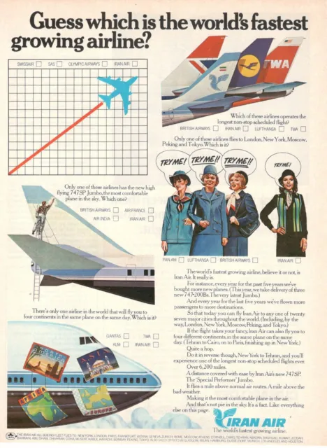 Iran Air Airlines Publicité 1 Page D'Origine 1977