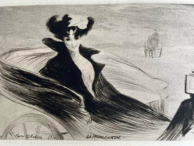 Edgar Chahine gravure eau forte etching Portrait de Femme caleche la promenade