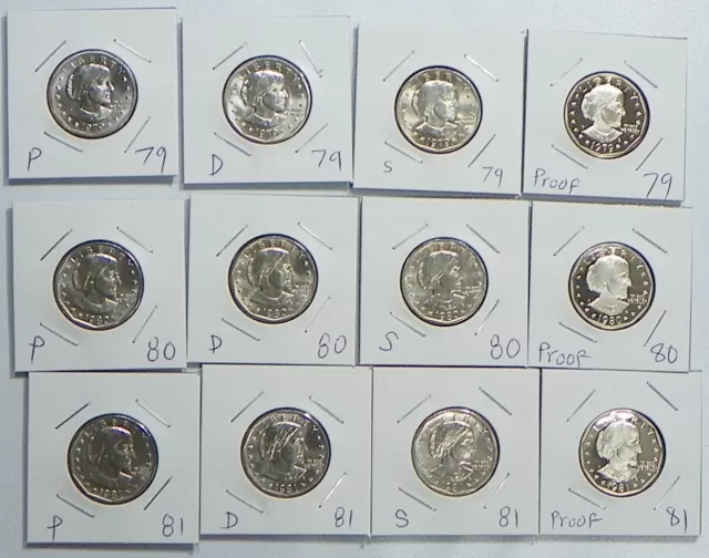 1979, 1980, 1981 PDSS - Proof & BU Susan B Anthony Dollar 12 coin Set