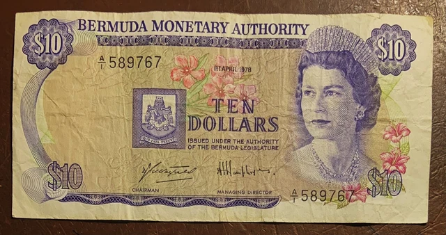 BERMUDA 10 dollars 1-4-1978 P30a AVF QE II flowers / bird, harbor scene