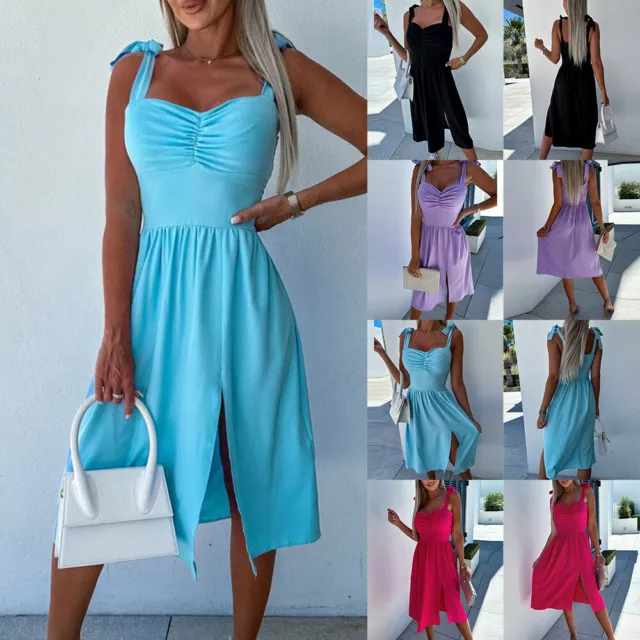 Damen Midikleid Trägerkleid Ärmellos Sommerkleid Schlitz Strandkleid Urlaubkleid