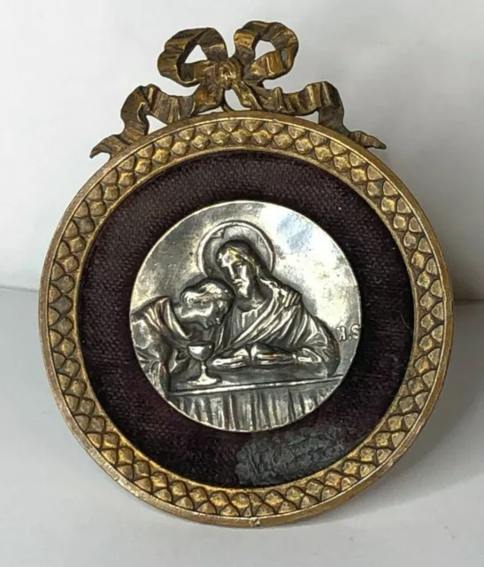 Antique Small Religious Christian Medallion in Brass frame 19th century 53x63mm