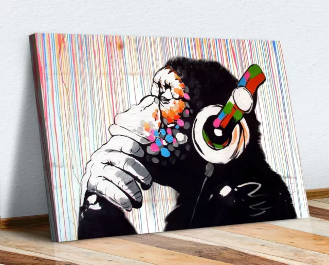 Banksy  Dj Monkey Coloured Rain Canvas Wall Art Print Picture Artwork Gorilla