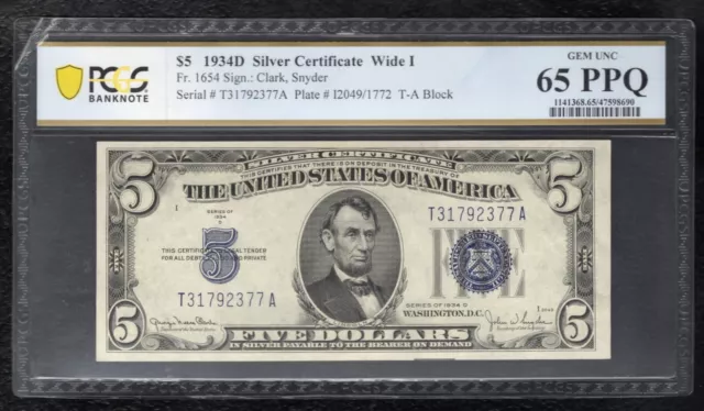 Fr. 1654 1934-D $5 Wide I Silver Certificate Pcgs Banknote Gem Unc-65Ppq (N)