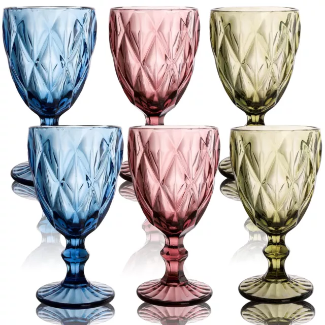 Set of 6 Vintage Wine Glasses, 10oz Colored Goblet Glass with Stem, Romantic ...