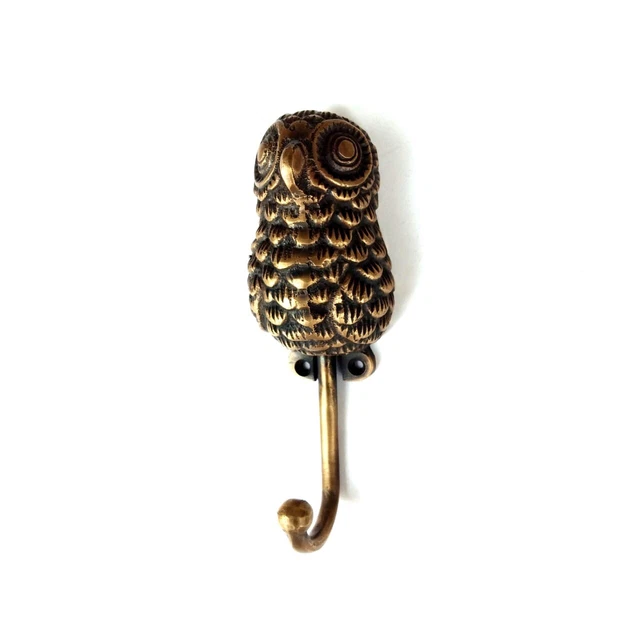 2 medium OWL COAT HOOKS solid age 100% brass vintage old style 15 cm hook B 2