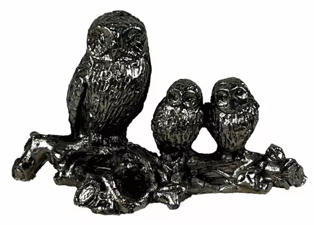 Pewter Owl Figurine 3 Owls On A Tree Branch RARE Birds Animals Figures