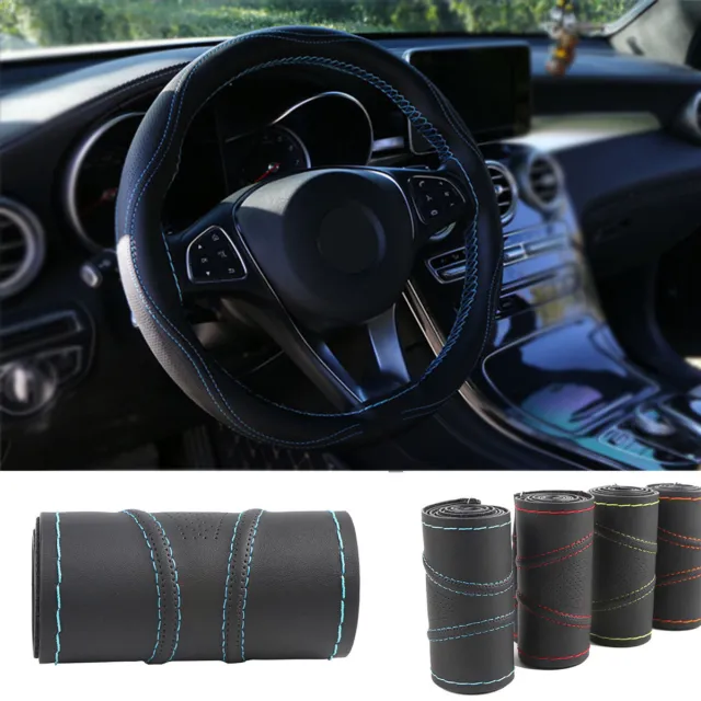 38cm Car Steering Wheel Cover Micro Fiber Leather Black+Blue String High Quality