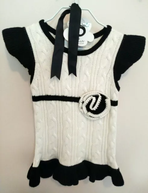 NEW! Mud Pie Tres Jolie Baby Girl Black & White Cable Knit Winter Sweater Vest
