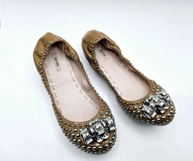 Miu Miu jeweled patent leather Ballerina flats shoes embellished 38.5 7.5 / 8