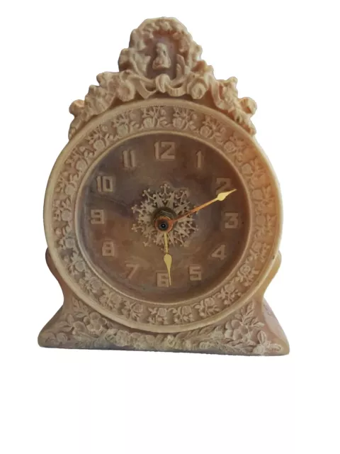 Victorian Style Mauve Incolay Stone Mantle/Table Clock - Antique Floral Detail