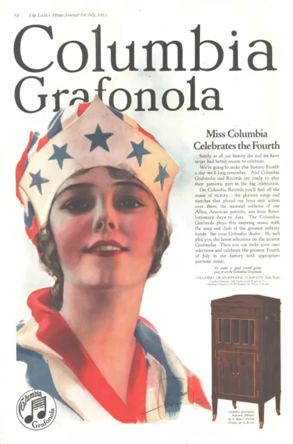 1919 Columbia Grafonola Phonograph Antique Print Ad Miss Columbia 4th Of July