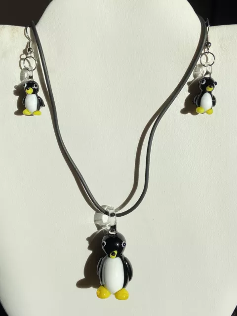 3 Piece Hand Lampwork Glass Penguin Jewelry Set Lot Of 8 Christmas Gifts Box1566