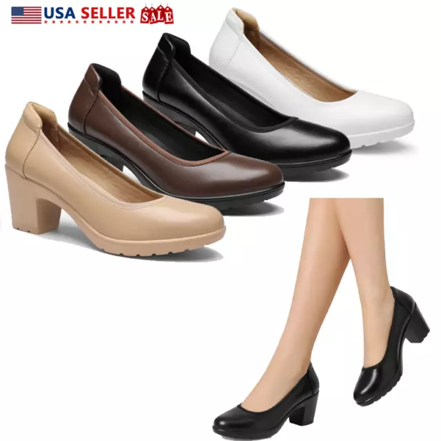 Women Round Toe Slip On Pumps Low Chunky Block Heel Comfort Dress Pump Shoes