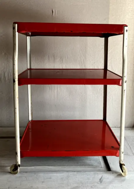 Vintage Cosco 3 Tier Rolling Cart Red and White 1950s Mid Century