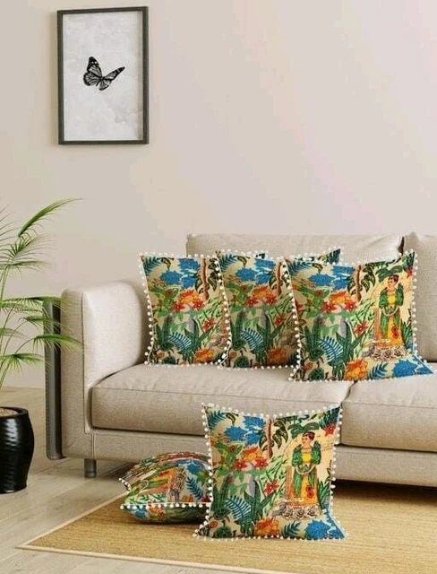 5 PC Set Vintage Cotton Kantha Cushion Cover Handmade Throw Pillow Case Floral
