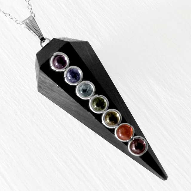 Black Tourmaline 7 Chakra Stone Pendant Crystal Point Silver Necklace Reiki Heal