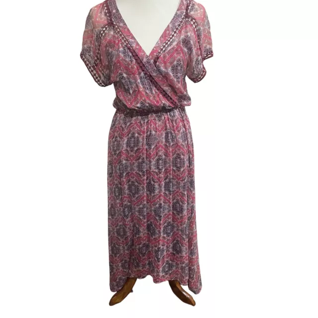 ELLA MOSS Women's Size Small 100% Silk Red Maxi Dress V-Neck Sheer Embroidered