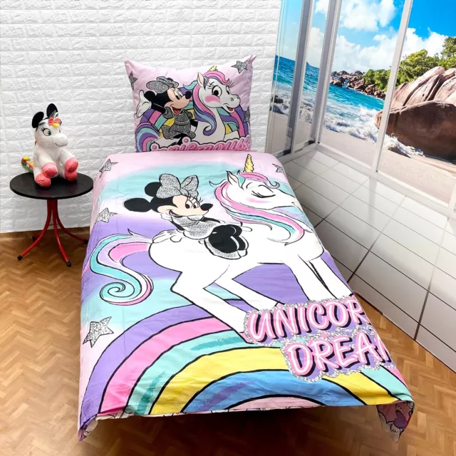 Minnie Unicornio Set Cama Individual Funda Nórdica 140x200cm, Lino Infantil