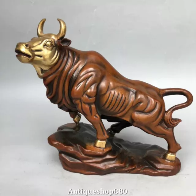 10" Chinese Bronze Gilt Fengshui Zodiac Year Cattle Bull Oxen Animal Statue