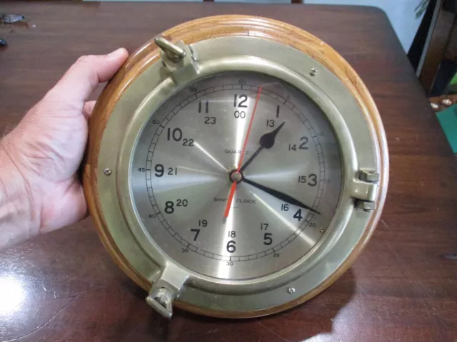 Marine quartz Ship Clock Port Hole solid brass & Oak Wood wall hanging nautical