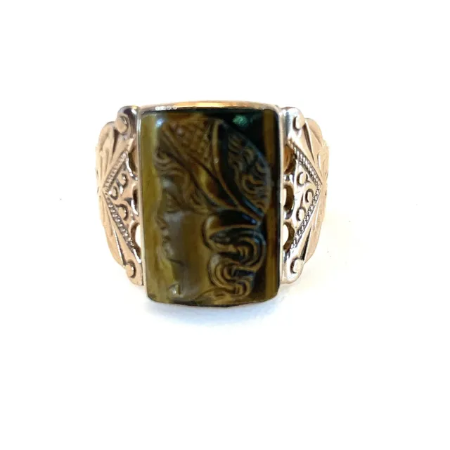 10K Solid Yellow Gold Carved Tiger's Eye Vintage Cameo Ring (9.75)