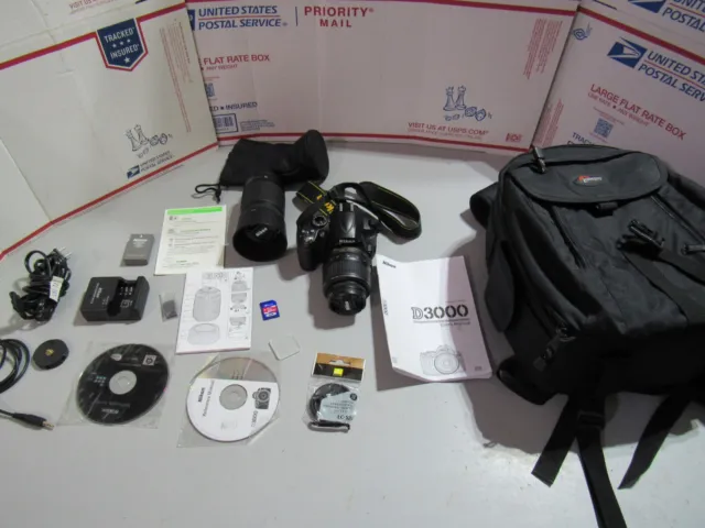 Nikon D3000 10.2MP Digital SLR Camera Nikon 18-55mm &55-200 Lens battries bundle