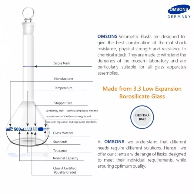 Omsons Glassware | Volumetric Flask | Class A | 500ml | Pack of 1 | 3