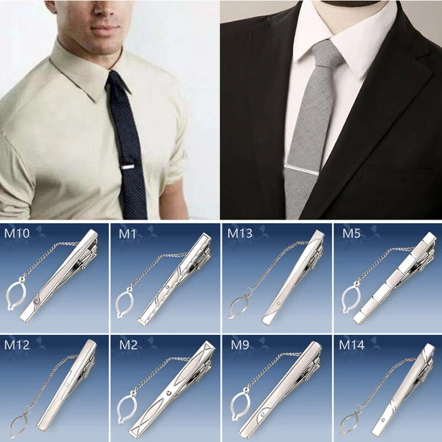 Fermacravatta da uomo in acciaio inox, semplice, con chiusura a clip, colore argento, minimalista, per uomini d'affari e feste, anniversario di