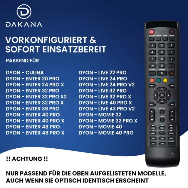 Fernbedienung für DYON Enter / Movie / Live 32 Pro-X 39 Pro-X2 40 Pro-X Pro X 43 2