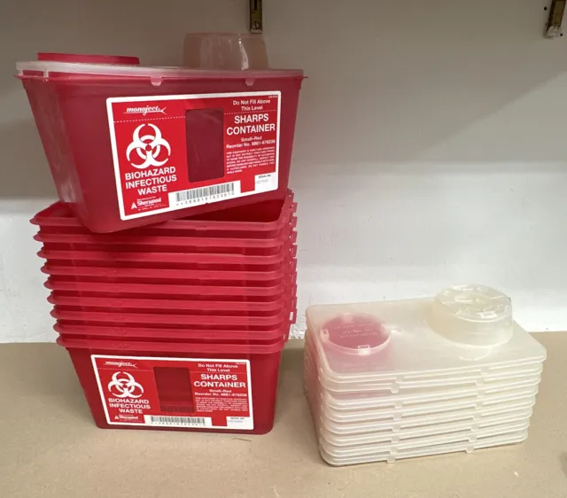 (10) Sherwood Sharps Containers Small Red with (9) Tops