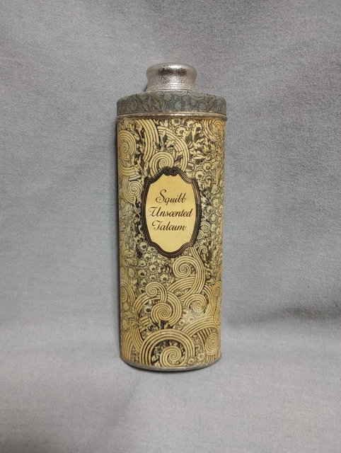 Vintage E. R. Squibb and Sons Unscented Talcum Powder tin over half of contents