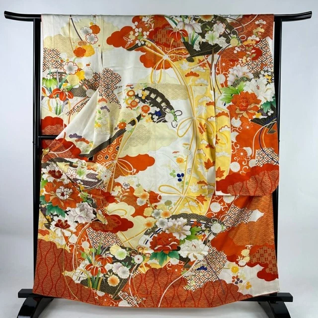 Japanese Kimono Furisode Pure Silk Peony Grass Flowers Embroidery Cream Color