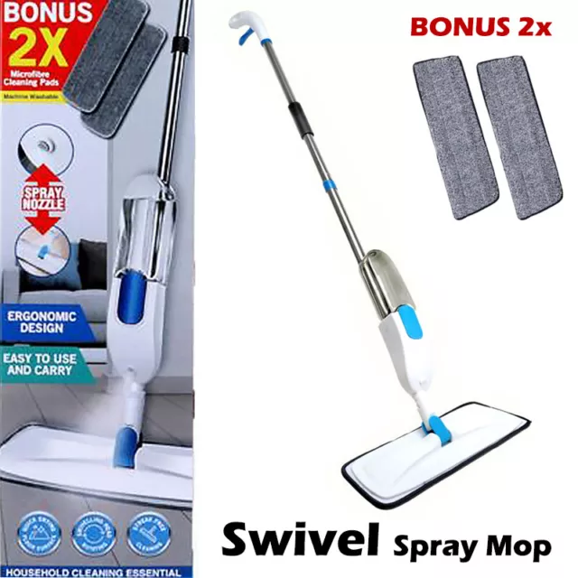 NEW Spray Mop Flat Mop Plate and 2 Microfibre Pads 130cm Ergonomic Design