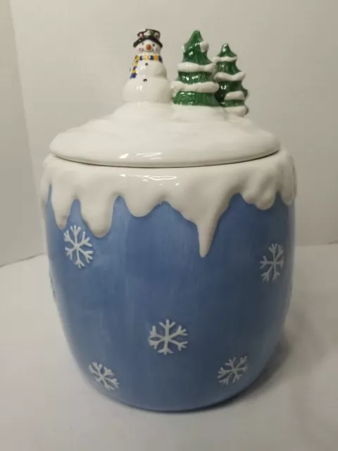 Elements Whimsical Snowman w/Tree Christmas Canister/Cookie Snack Jar Ice Bucket