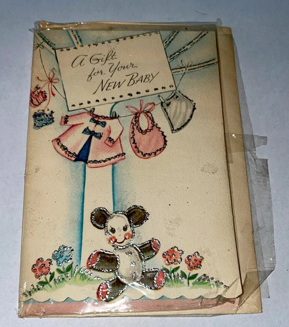 Vintage 1920’s-30’s Unisex A Gift For New Baby Mini Gift Card Bear Bib Dress NOS