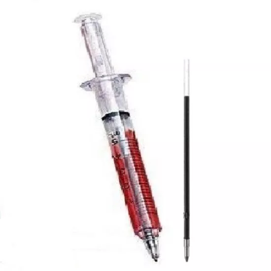 NOVELTY SYRINGE BLOOD PEN NURSE MIDWIFE DOCTOR & refill - writes in BLACK ink