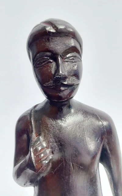 Wooden Vintage Sculpture Hand Carved Art Statue Old Village Man Fisherman Asian